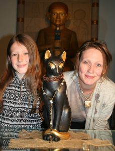  Artists Sophie Bryett-Smith (aged 8, of Preston Primary School) & Amie Schofield (of Torquay Museum) with Cleo the Egyptian Cat