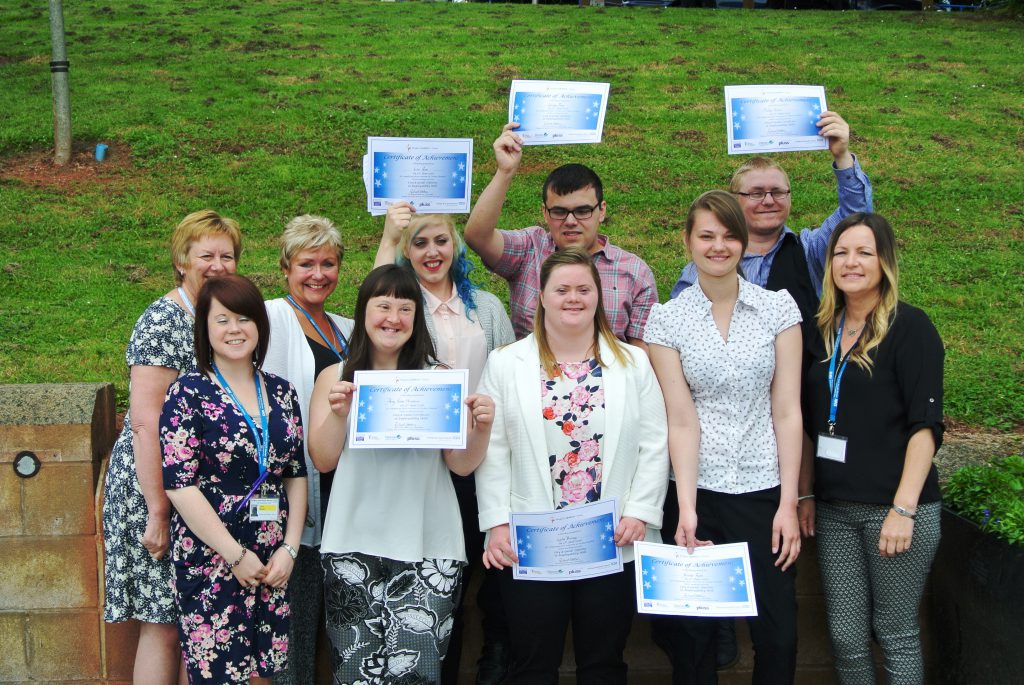 Back row (left to right): Equality & Diversity Support Officer Ros Banfield, Tutor Julie Hughes, and graduates Lisa Ross, George Ray and Phil Peters Front row (left to right): Employment Adviser Laura-Jayne Morgan, graduates Amy Winstone, Lydia Meaney, Nicole Ross, and Learning Support Niki Hopkins