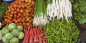 Colourful close up fresh vegetables in the local market in Jaisalmer, Rajasthan, India