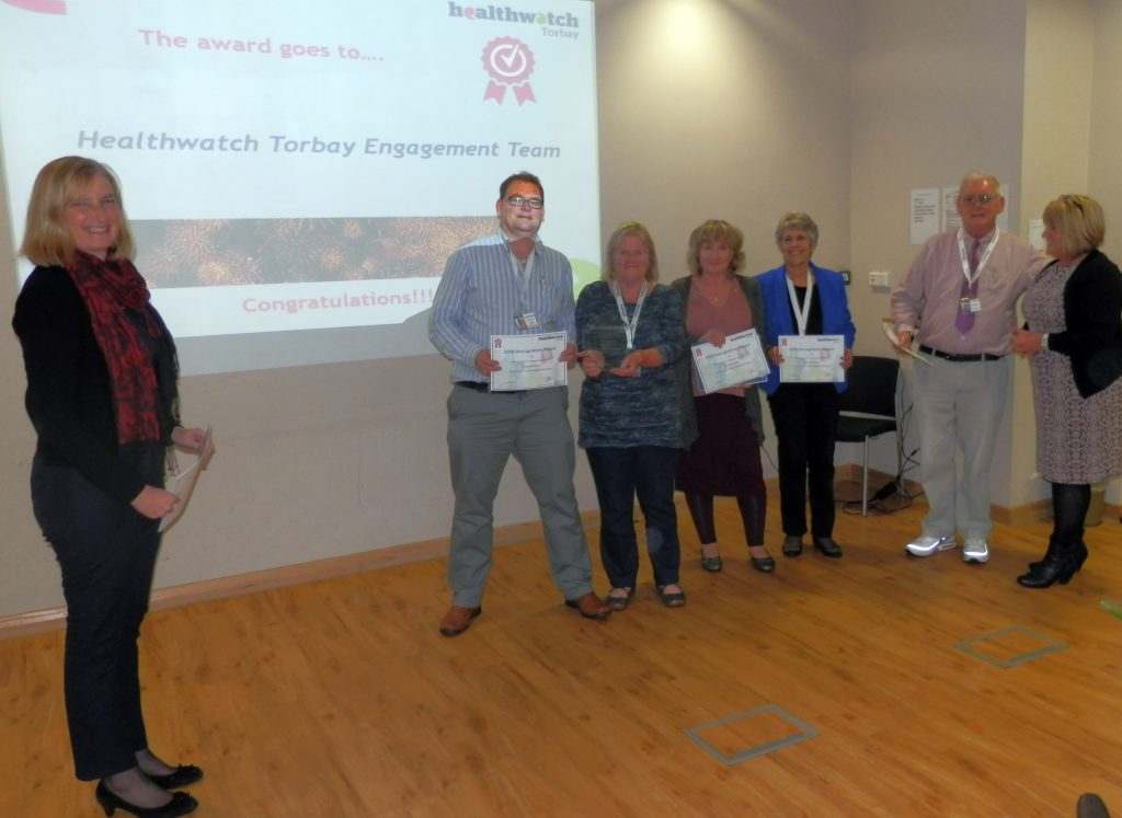 Torbay MP Dr Sarah Wollaston with volunteers David Young, Eliza Lawler, Carol Kendall, Bridget Wernham, David Hudson & Healthwatch Torbay CEO Pat Harris