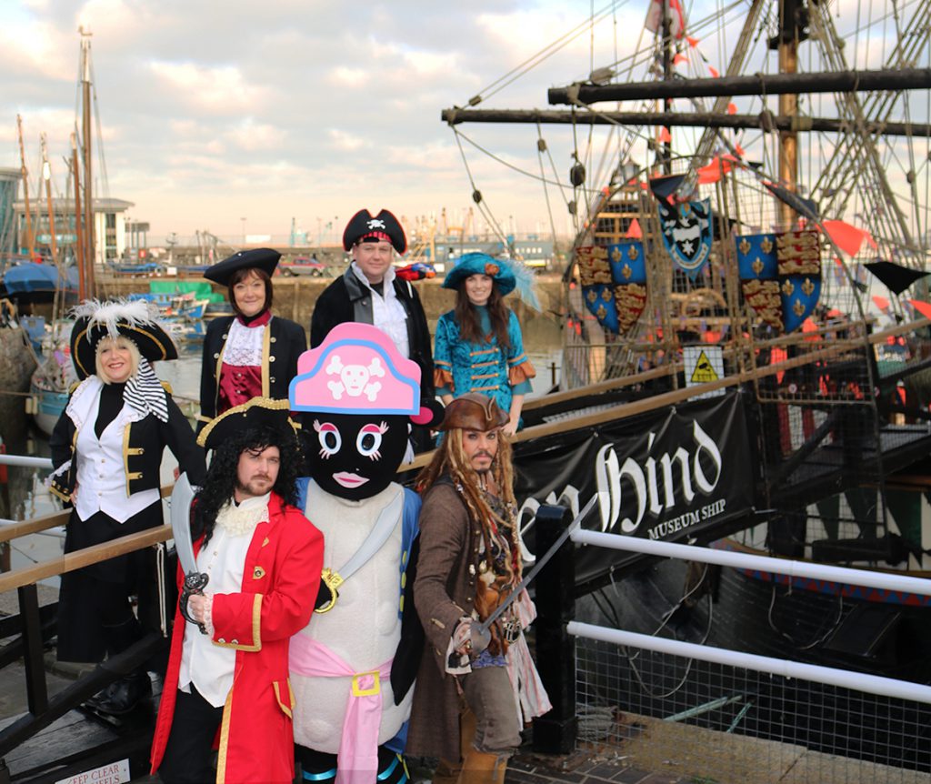 Babs the buccaneer climbing aboard the Golden Hind